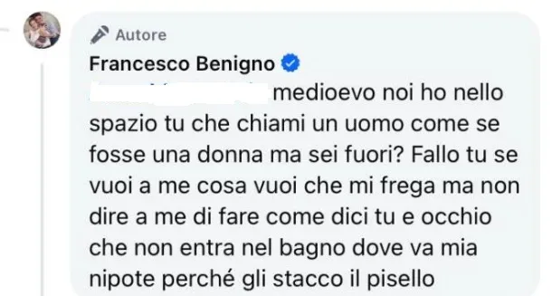 Uno dei commenti pubblicati da Benigno