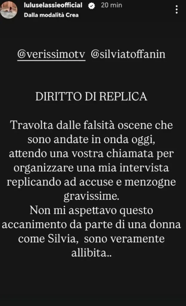 La Stories pubblicata da Lulù Selassié dopo l'intervista di Bortuzzo a Verissimo