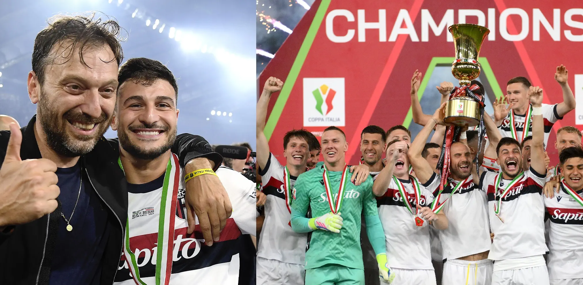 Cesare Cremonini festeggia con Orsolini, il Bologna alza la Coppa Italia