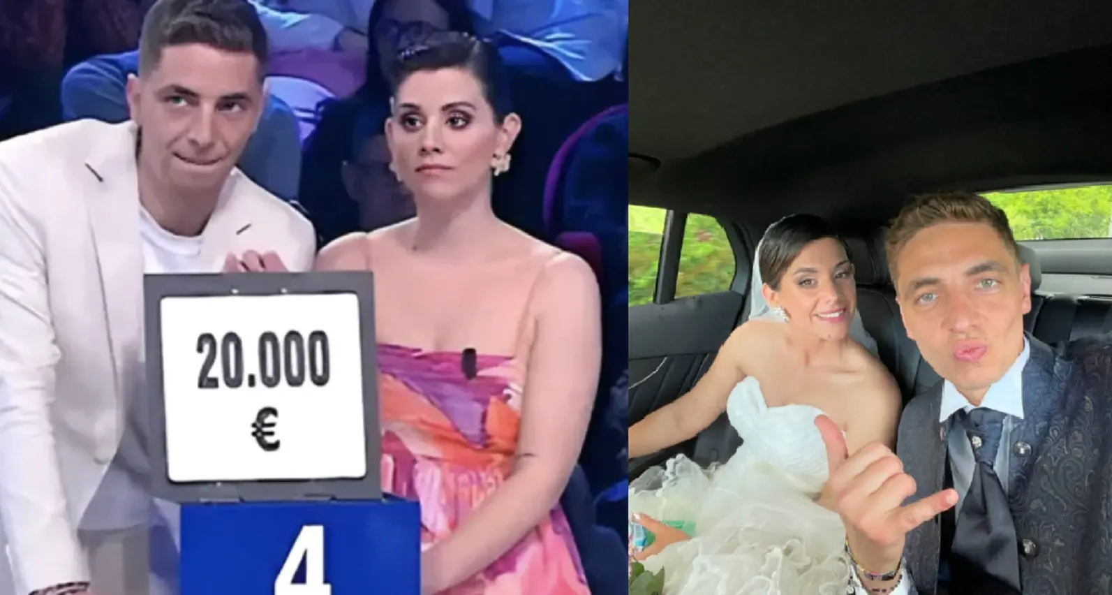 Harley Zuriatti con il marito ad Affari tuoi, a destra nel giorno delle nozze