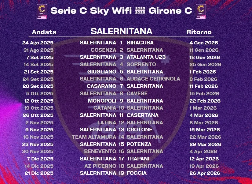 Calendario Salernitana 2025 2026