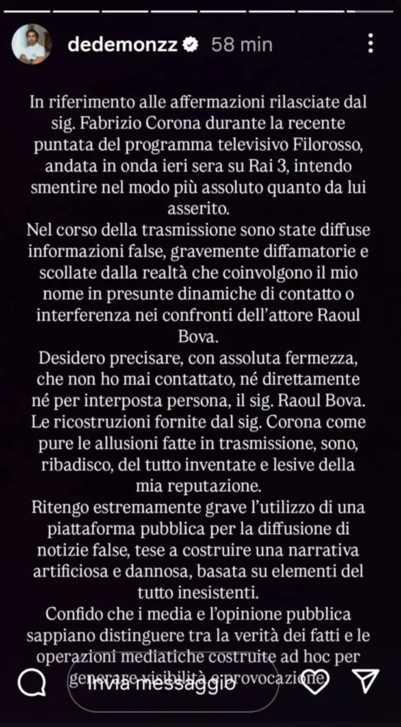 Federico Monzino replica a Corona su Stories
