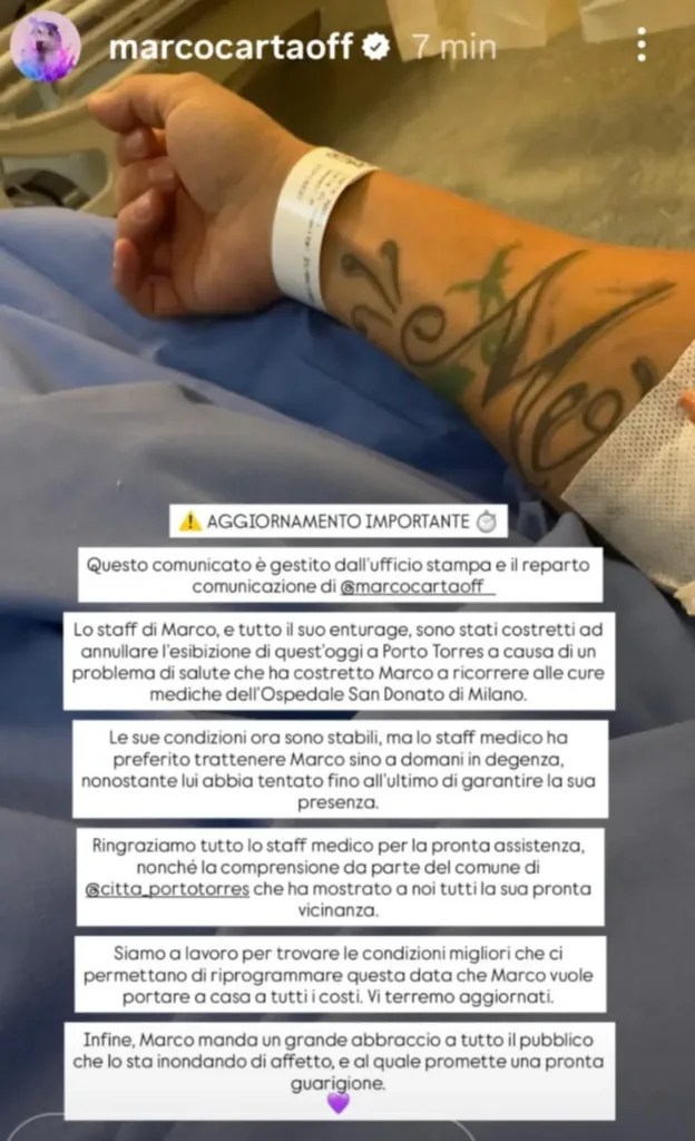 La Stories con la quale lo staff di Marco Carta spiega i motivi del rinvio del concerto