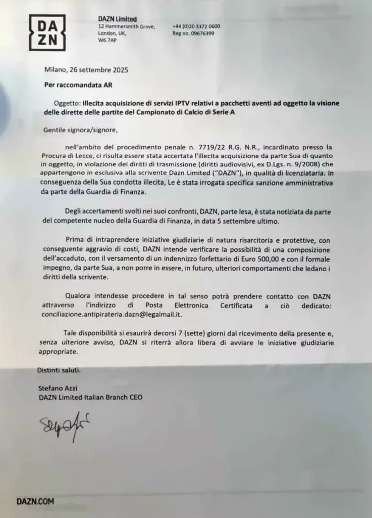La richiesta di Dazn agli utenti che hanno seguito le partite illegalmente