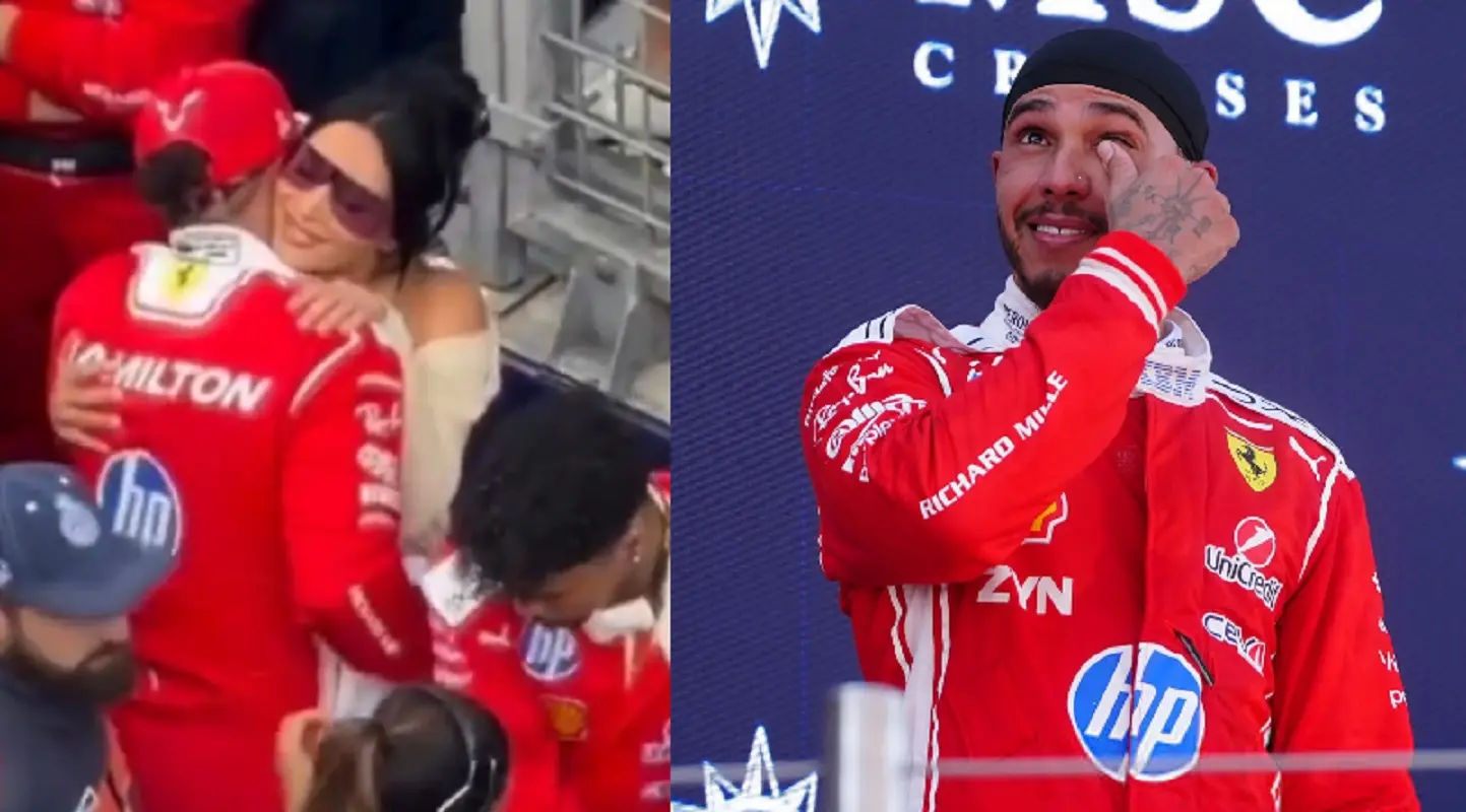 Da sinistra Hamilton con Kim Kardashiane in lacrime sul gradino più alto del podio a Barcellona