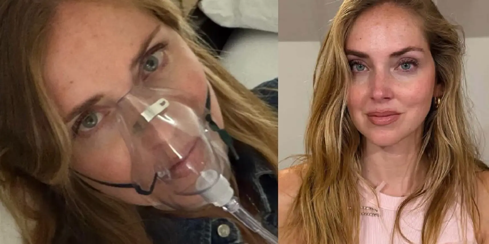 A sinistra Chiara Ferragni con la maschera d'ossigeno