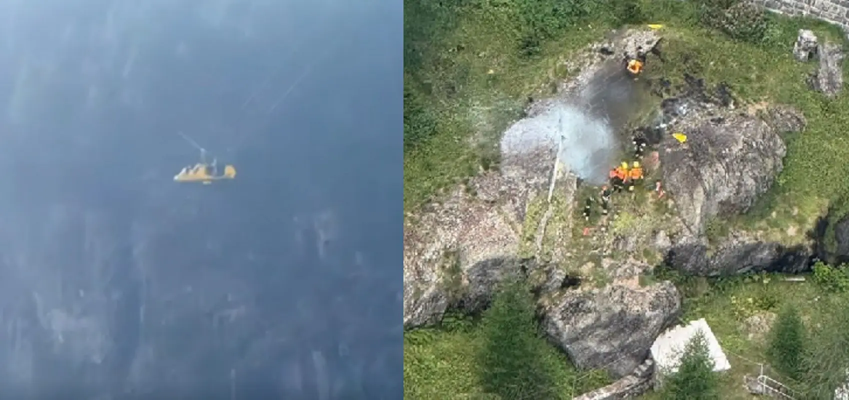 A sinistra il momento dell'impatto del velivolo con i cavi, a destra i soccorritori sul luogo dell'incidente