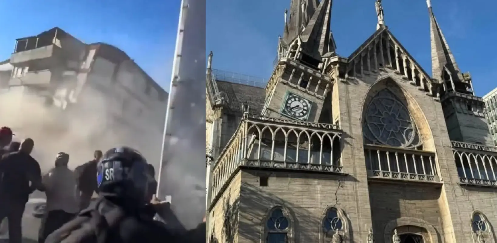 Il crollo di un edificio dopo la scossa, i danni ad una chiesa