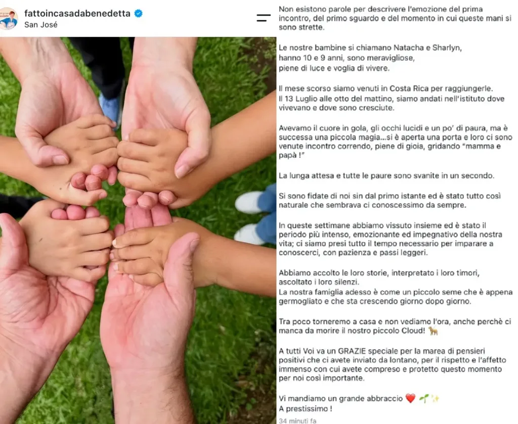 Il post con il quale Benedetta Rossi ha annunciato di essere diventata madre di due bambine