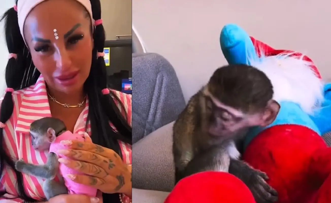 Rita De Crescenzo con la scimmietta che sostiene di aver acquistato in Egitto